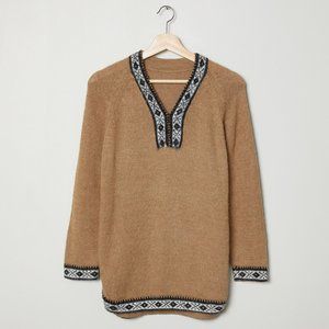 Vtg 70s Tan Print Trim Mohair Sweater M